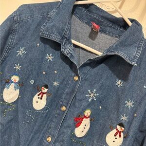 Denim Shirt with Snowman Embroidery